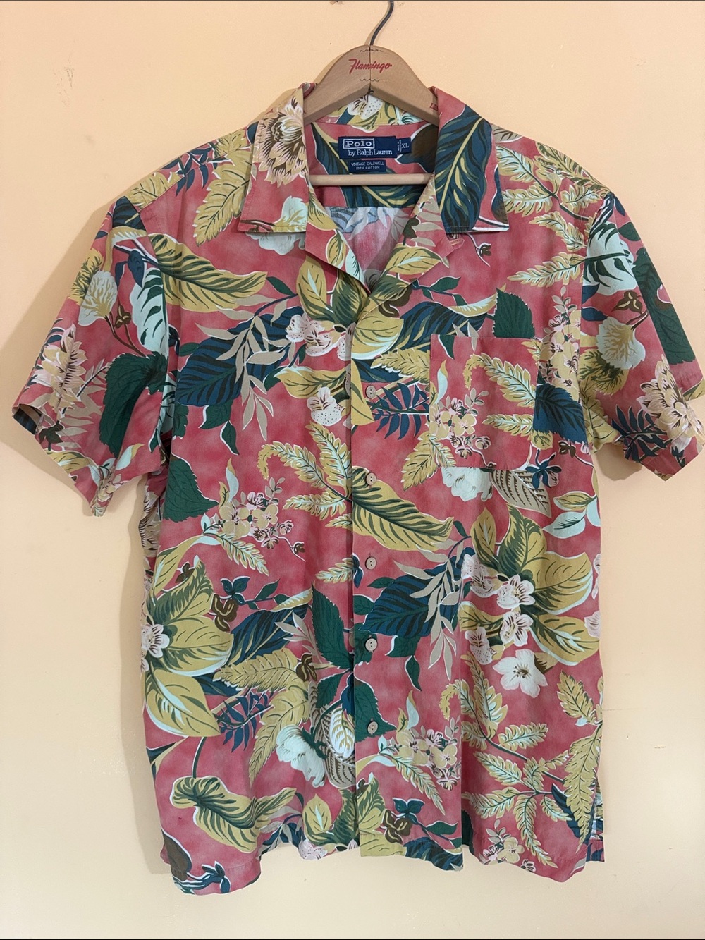 🌺 EUC VINTAGE 90s Polo Ralph Lauren Muted Coral Botanical Camp Shirt 🌿 Size XL